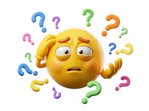 Confused yellow emoji face feeling unsure with many colorful question marks floating all around head isolated on white background