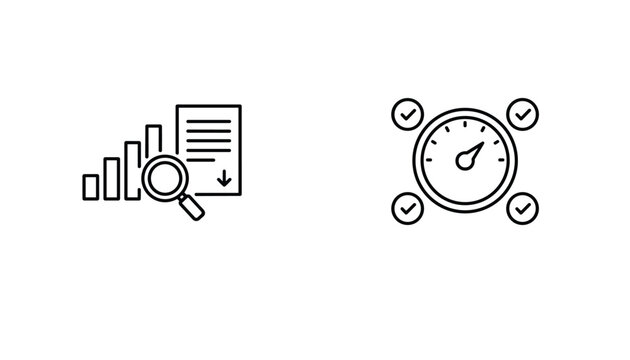 System auditing and performance speed evaluation process icons featuring data analytics tools and verification gauge.