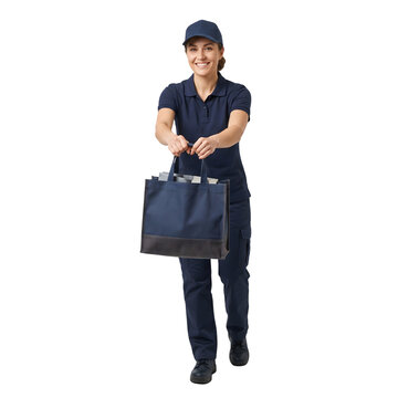 Female courier in navy uniform holding a shopping bag isolated on transparent background