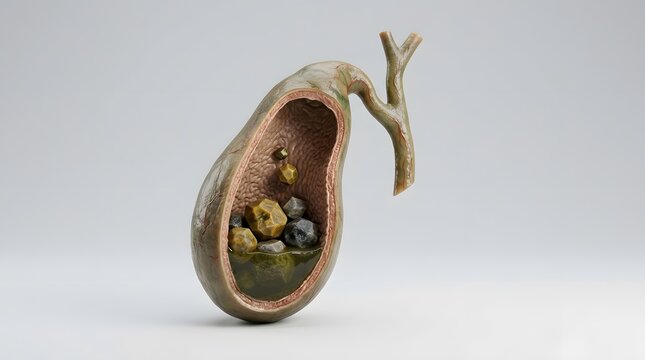 Cutaway view of gallbladder with multiple gallstones inside, demonstrating common condition.