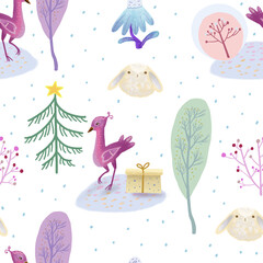 Obraz premium Christmas bird and bunny seamless pattern with snowy winter forest