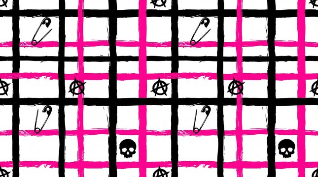 Seamless Punk Rock Plaid Pattern with Skulls and Anarchy Symbols