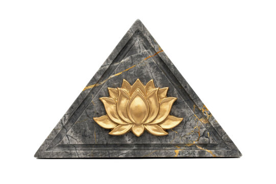 Triangular grey marble plaque featuring a sculpted gold lotus flower relief isolated on a transparent background