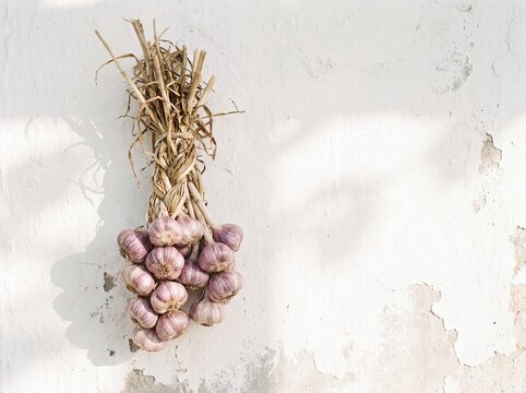 A braid of purple garlic hanging on a whitewashed lime wall