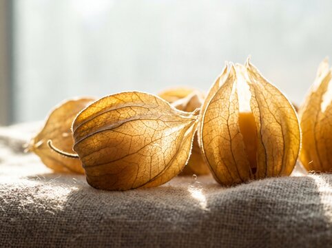 Macro of tomatillos backlit so their papery husks glow translucent
