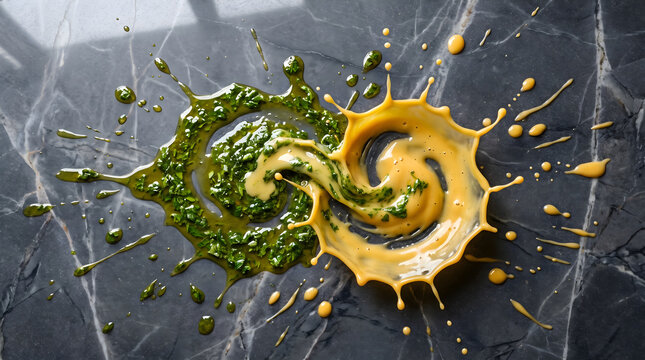 A dramatic sauce fight captured as a dynamic collision of green herb puree and creamy yellow condiment splashes