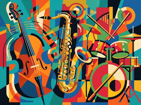 Jazz instruments band including cello saxophone and drum set in colorful pop art vector design