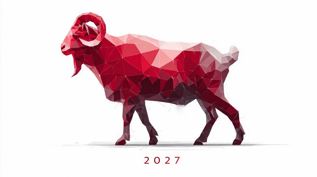 Red polygonal ram stands against white background. Year 2027 marked below. Modern geometric style. Ideal for horoscope, new year, or tech-themed design projects