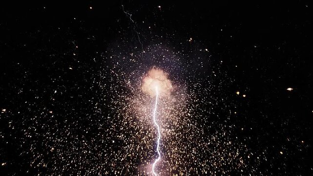 Plasma energy discharge with electric arcs and glowing particles in dark void abstract motion