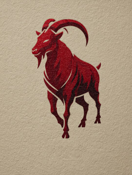 Bold red goat silhouette stands strong, horns curved upward. Simple design works well for logos or zodiac themes. Great for modern branding or spiritual projects. Minimalist style suits clean layouts