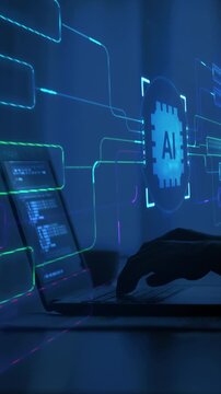Futuristic AI Artificial Intelligence Network with Neon Data Connections, Digital AI Chip Interface, Glowing Technology Circuits and Connected Data Streams