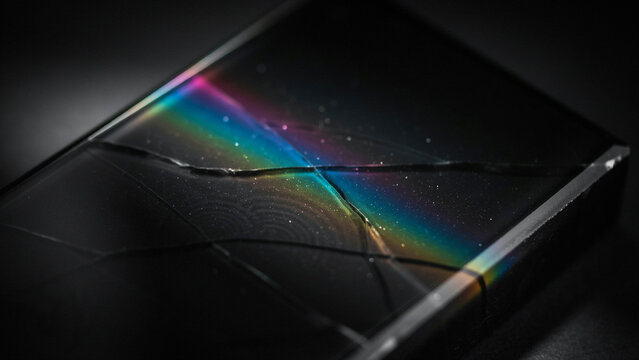 Close up of a black smartphone screen with cracks and a rainbow light refraction effect across
