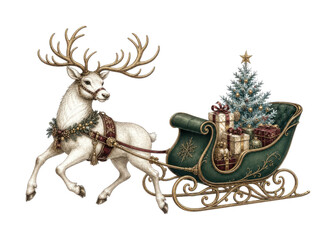 Obraz premium PNG Elegant winter illustration of a white reindeer pulling a festive sleigh with a Christmas tree and wrapped gifts.