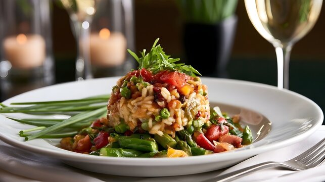 A mound of colorful vegetable risotto garnished with fresh herbs  served on a white plate with asparagus and green onions