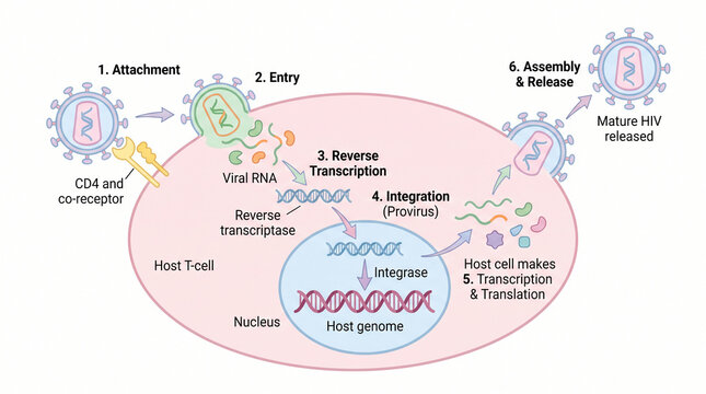 HIV Virus Life Cycle and Replication Diagram in Host Cell
