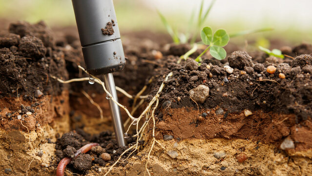 Close-up of a soil moisture sensor probe inserted into earth layers with roots and worm