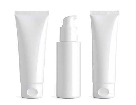 Set of empty white plastic cosmetic packaging: two squeeze tubes and a pump bottle isolated on white background