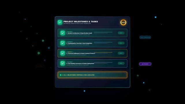 Modern digital interface with glowing check marks and animated document lists, concept for business task management, software development presentation and corporate workflow optimization
