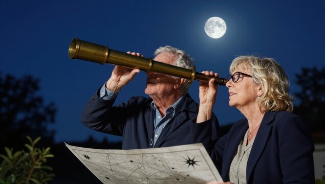 Senior Couple Using Golden Brass Telescope to Observe Full Moon and Stars in the Night Sky while Holding an Old Star Map Chart in a Garden Setting at Night