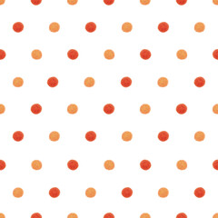 Cute watercolor polka dot seamless pattern with orange and red dots, isolated on white background. © chan k.
