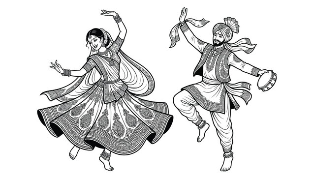 Indian folk dancers vector illustration in traditional costume dancing with musical instrument