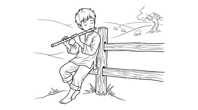 Shepherd boy playing flute line art illustration outline vector drawing children storybook