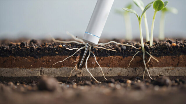 Electronic soil moisture sensor probe inserted into dark earth with small green plant seedlings