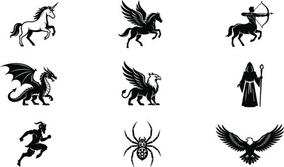 Fototapeta premium Mythical Creatures Set, Fantasy Illustration, Heraldic Symbols, Vintage Design, Graphic Elements, Decorative Icons