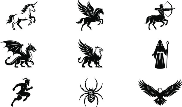 Mythical Creatures Set, Fantasy Illustration, Heraldic Symbols, Vintage Design, Graphic Elements, Decorative Icons