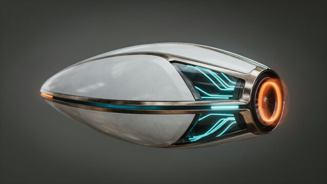Futuristic white and metallic spacecraft concept with glowing cyan and orange lights
