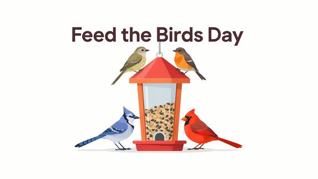 Colorful wild birds gathering around a red bird feeder for feed the birds day illustration