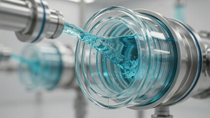 Obraz premium Industrial glass filtration unit with blue liquid flowing through metallic pipe joints