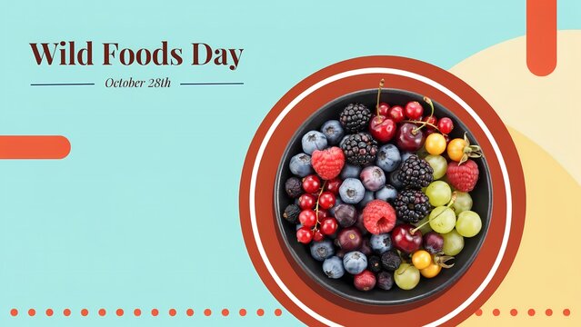 Wild foods day banner design featuring a bowl of fresh mixed berries and fruits on october 28th