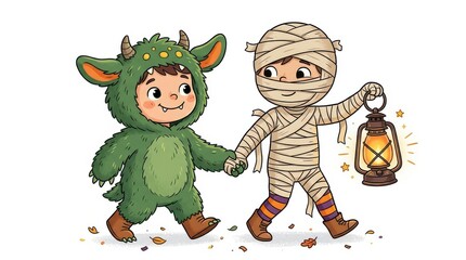 Fototapeta premium Cute Kids in Halloween Costumes Dressed as a Green Monster and a Mummy Holding Hands and Walking with a Lantern