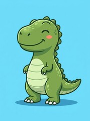 Obraz premium Cute Green Cartoon Tyrannosaurus Rex Dinosaur Character Smiling and Blushing on Blue Background Vector Illustration