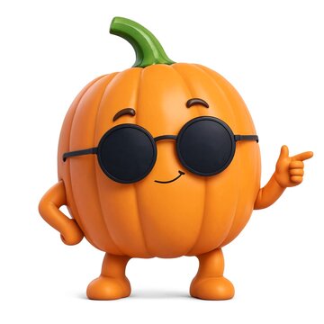 Cartoon style pumpkin character wearing dark sunglasses and pointing to the side