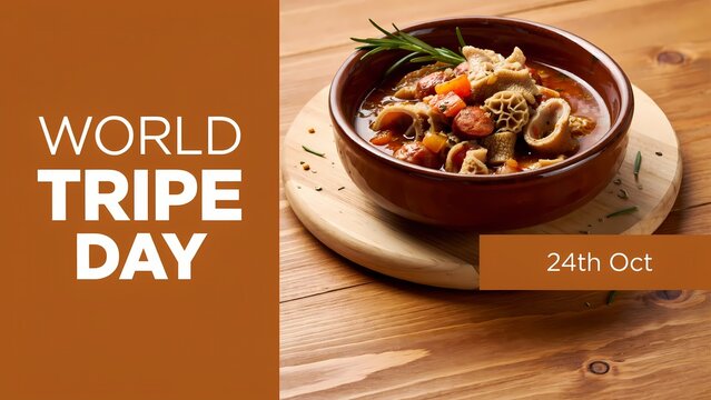 World tripe day celebration with a delicious bowl of traditional tripe soup on a wooden table