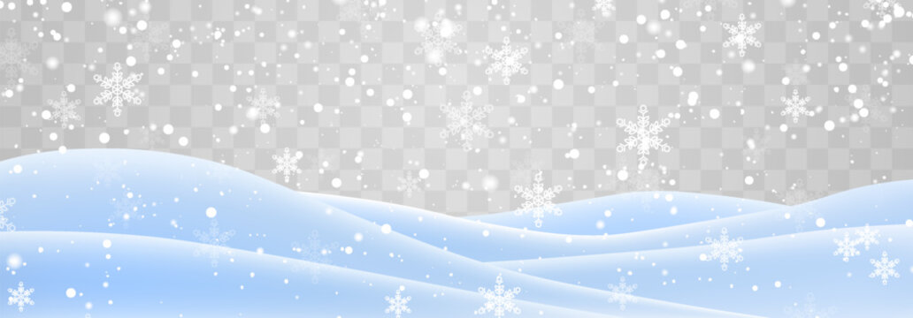 Winter landscape with falling snow and snowflakes on transparent background. Light blue snowdrifts banner template. Snow landscape decoration, frozen hills isolated on png background. Christmas snow. 