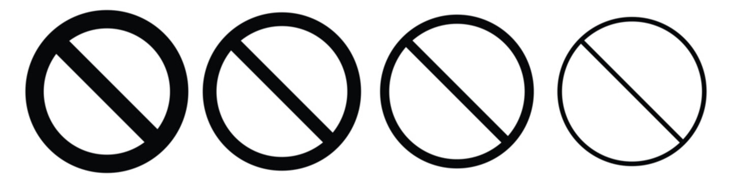 Prohibited sign icon set. Prohibited symbol vector icon set featuring black prohibition circles with diagonal slash lines in varying stroke weights.