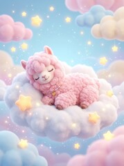 Fototapeta premium Adorable Fluffy Pink Alpaca Sleeping Peacefully on a Soft Cloud in a Dreamy Starry Sky, Whimsical Nursery Art Illustration