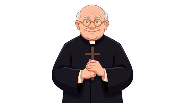 A cheerful cartoon illustration of an elderly Catholic priest wearing a black cassock and holding a wooden cross.