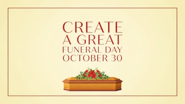 Create a great funeral day october 30 text with a brown coffin and flower arrangement