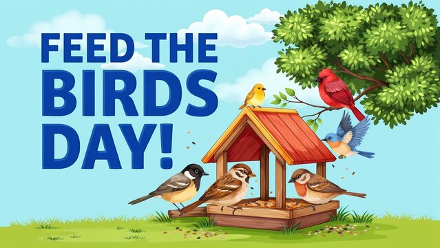 Feed the birds day poster with various colorful wild birds at a wooden feeder in a sunny garden
