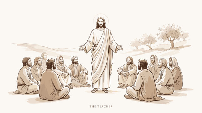 Jesus Christ, depicted with a halo, shares wisdom with his followers who are seated around him outdoors.