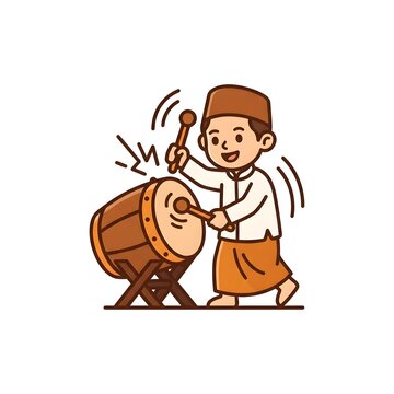 Boy Playing Traditional Bedug Drum Illustration