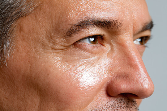 Close up portrait of mature man cheek with visible skin texture and fine wrinkle expressing calm confidence