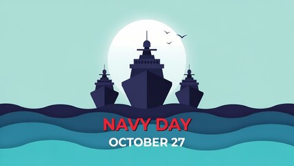 Obraz premium Navy day celebration with warships sailing on the ocean waves at night with a full moon