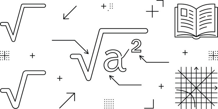 Mathematics Square Root Radical Symbol and Function Graph Vector Outline Icon Set