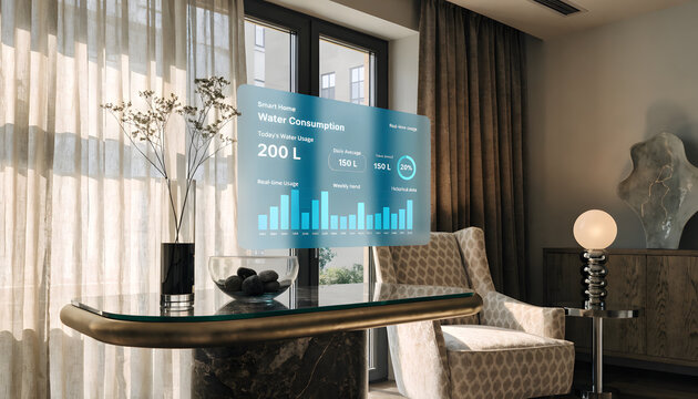 Digital hologram displaying home water consumption statistics floating above a table in a modern living room with sophisticated contemporary residential