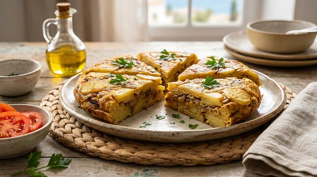 Freshly baked savory chickpea flour omelet with herbs on a rustic wooden kitchen table setting. Vegan Spanish cuisine